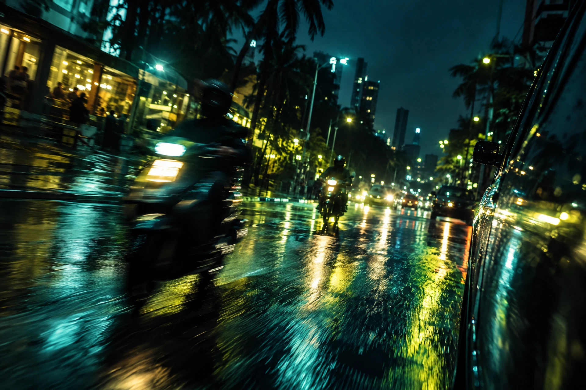 Cinematic city lights reflected on a street at night
