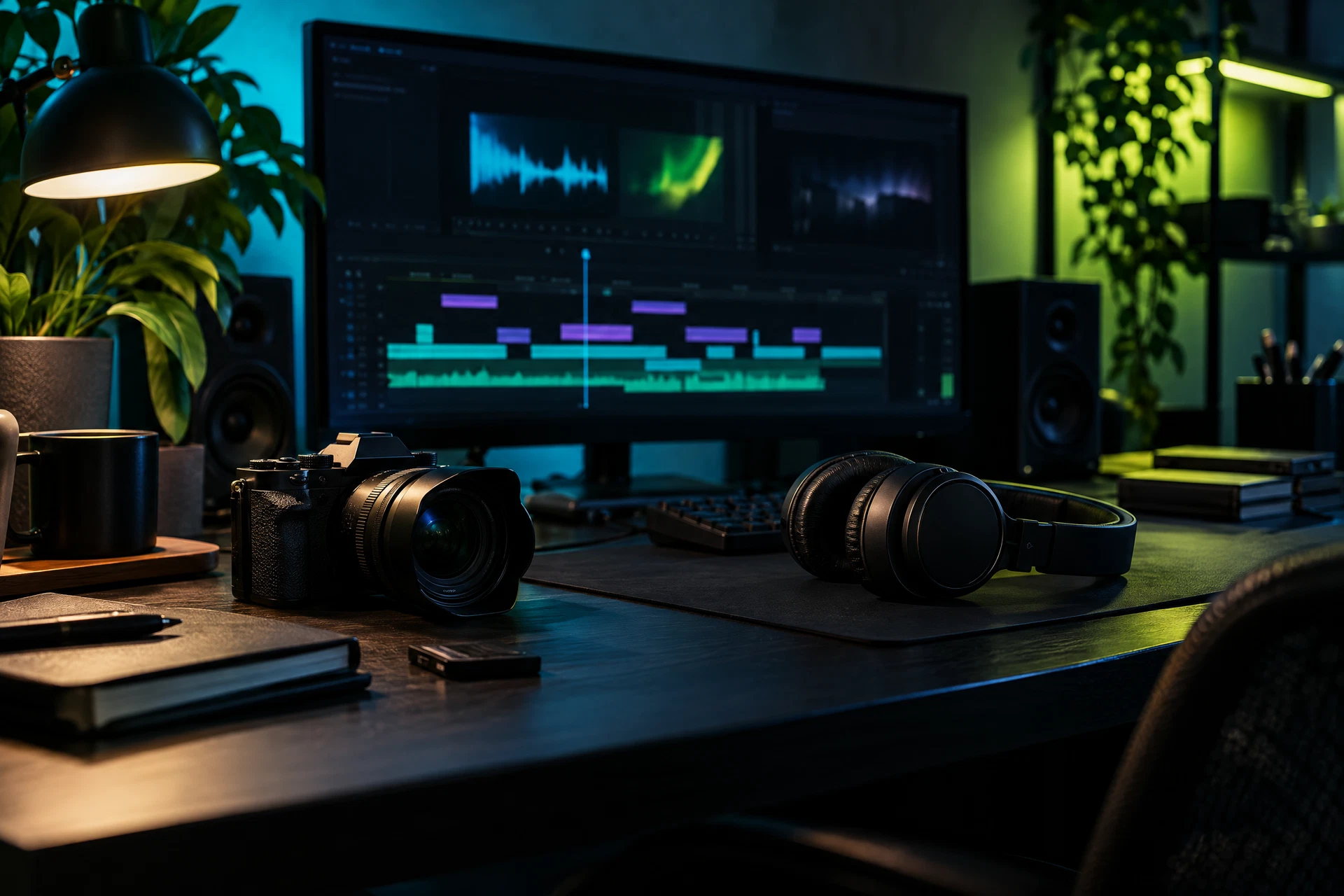 Creative desk with camera, headphones and an editing timeline on screen