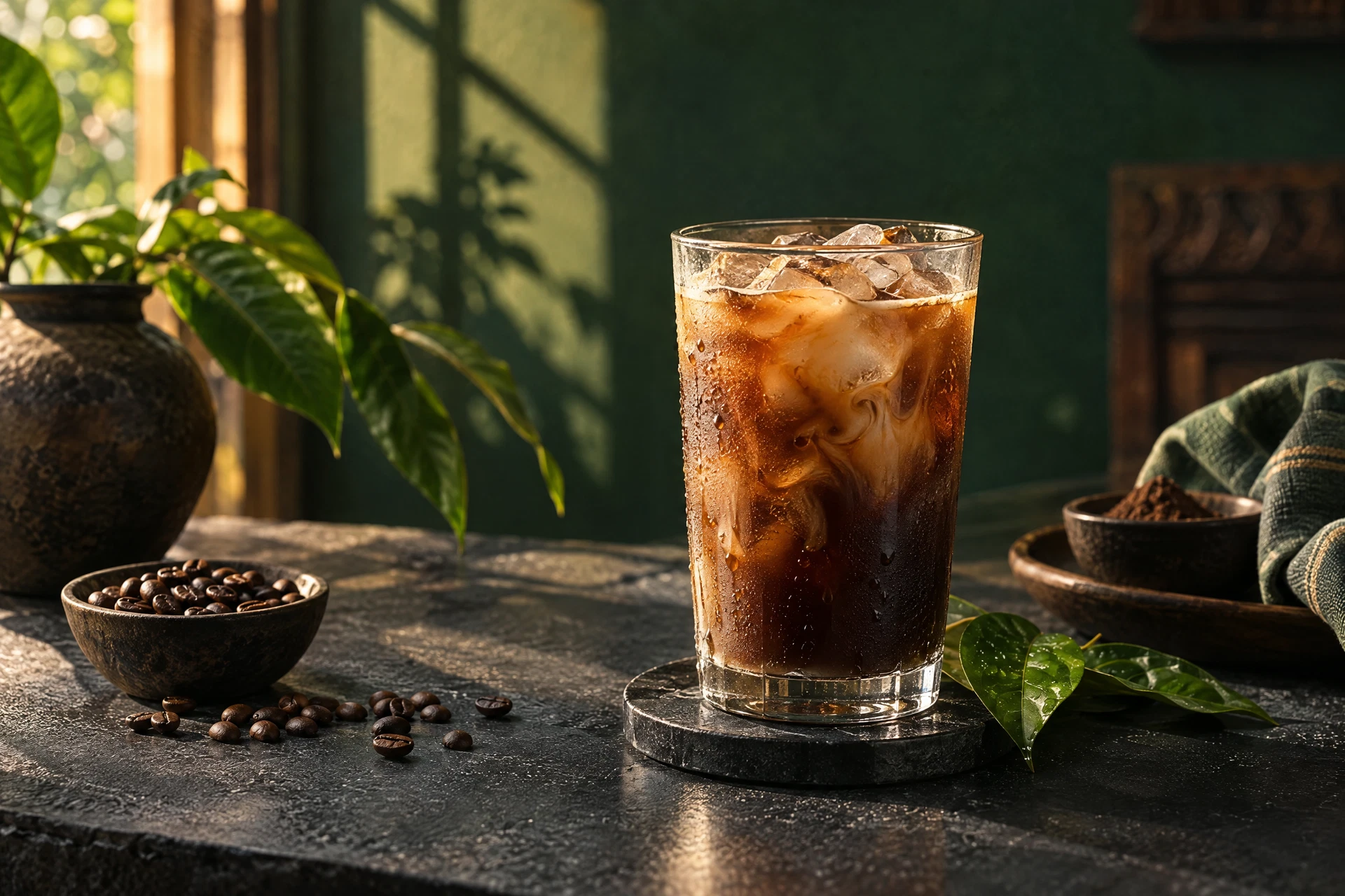Iced coffee in warm window light on a dark table