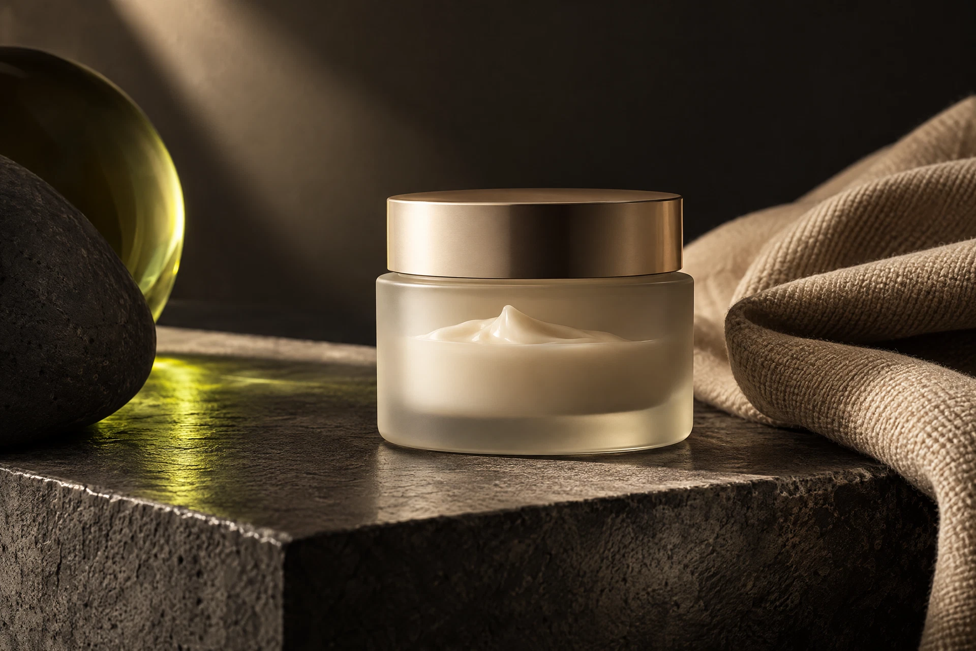 Minimal unbranded skincare jar with soft fabric in cinematic light
