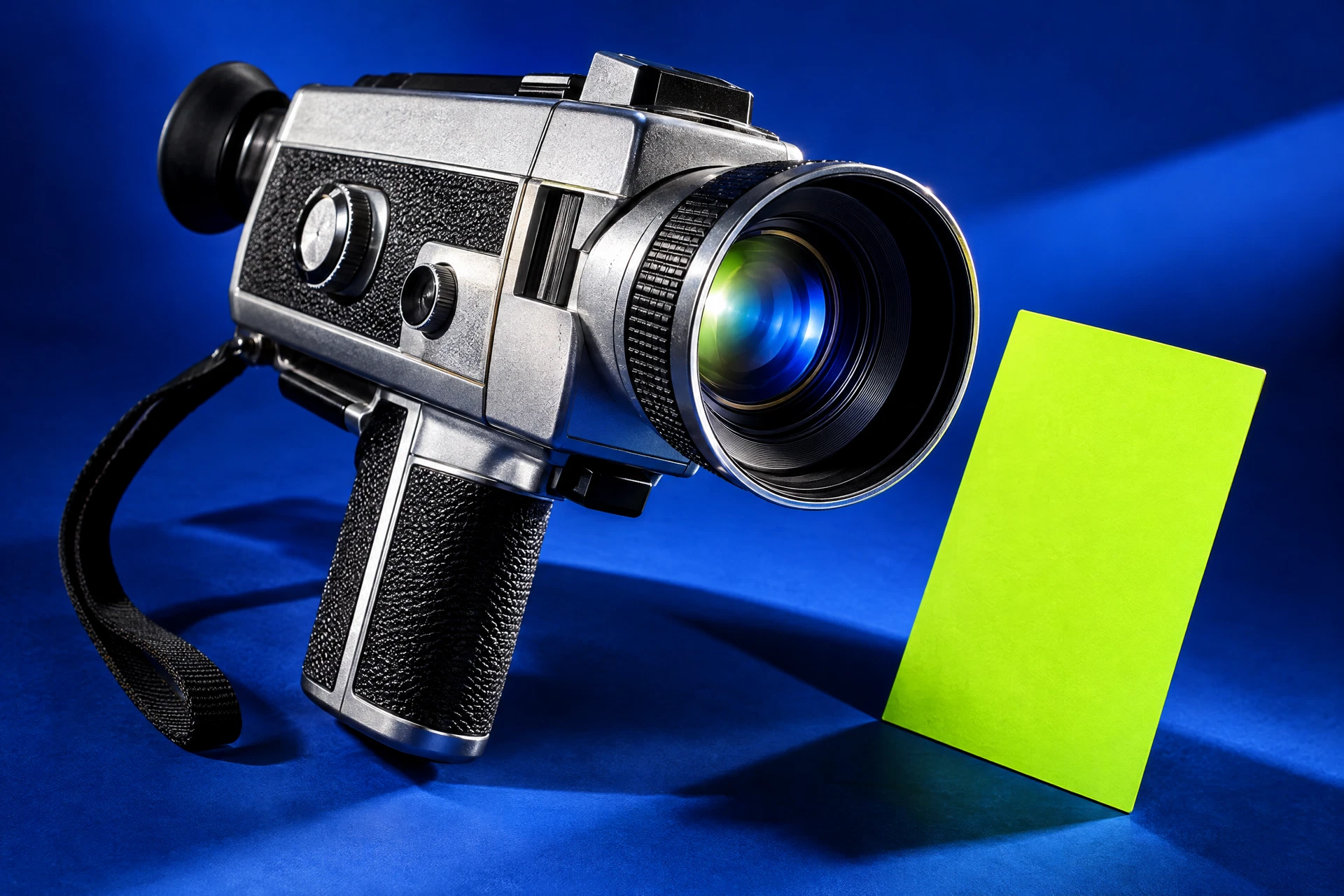 Silver handheld video camera against a cobalt and lime studio set