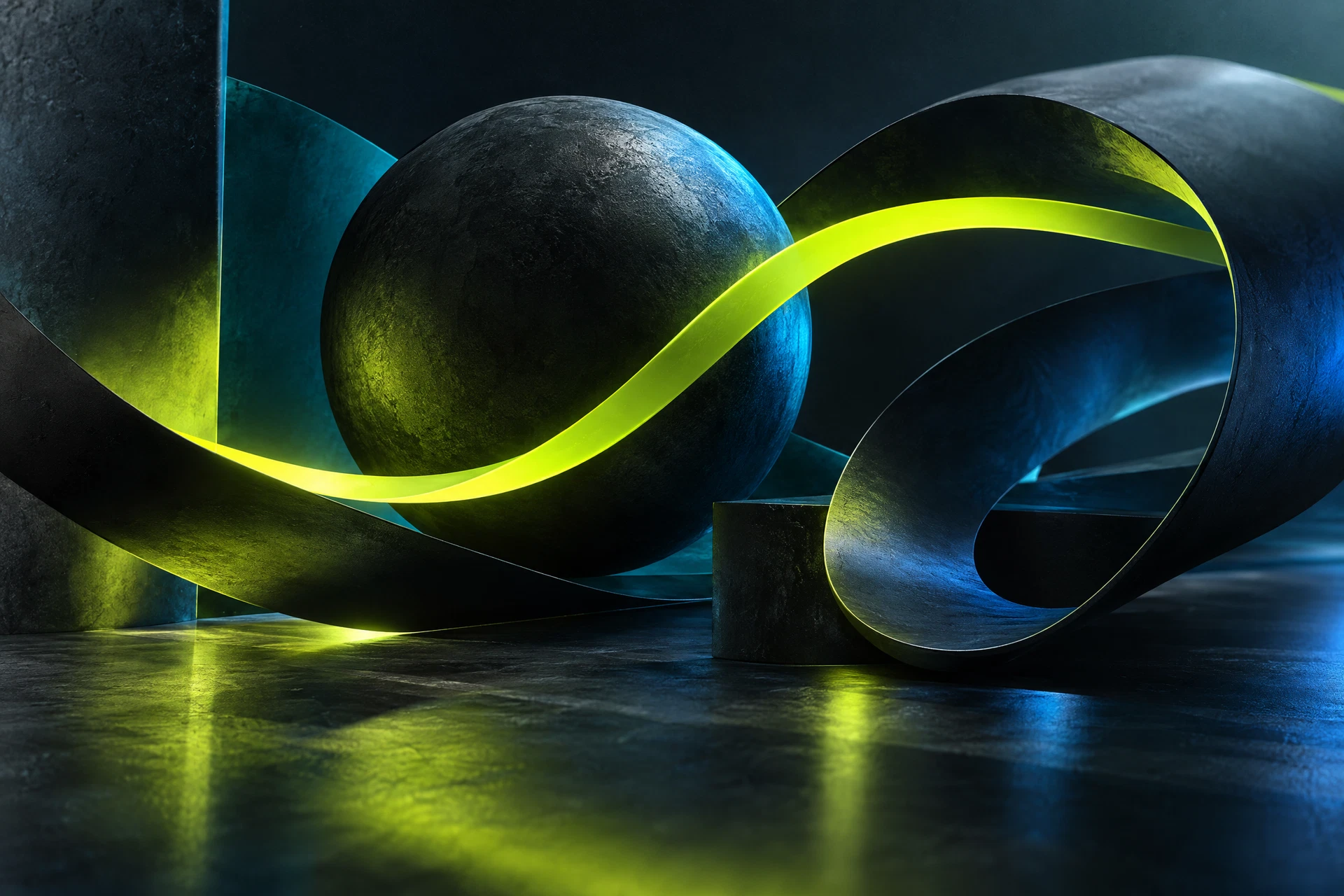 Abstract acid-lime ribbon sculpture against deep teal and graphite